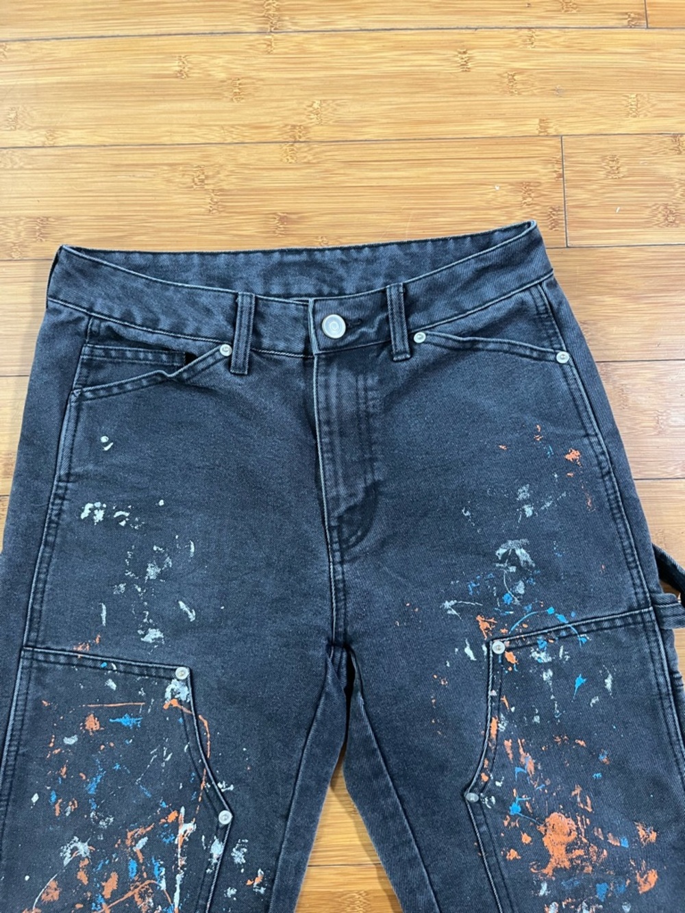 No Boundaries Paint Splatter Charcoal Denim Carpenter Straight Leg Jeans - Picture 4 of 12